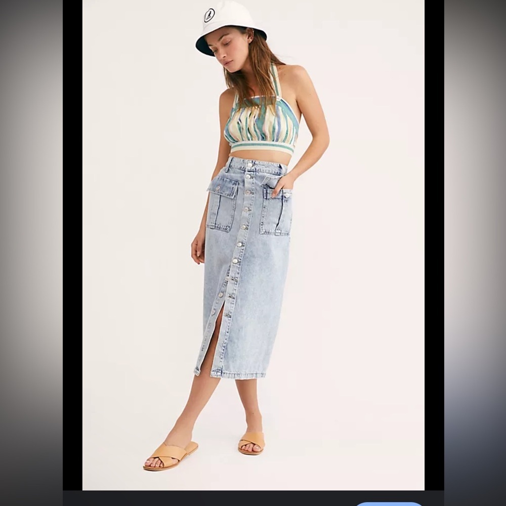 We the Free Denim Midi Jean Skirt Ava Front Button Acid Trashed Cargo Pocket